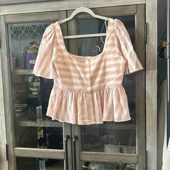 Zara pink striped linen ruffle blouse Size large - Picture 4 of 9